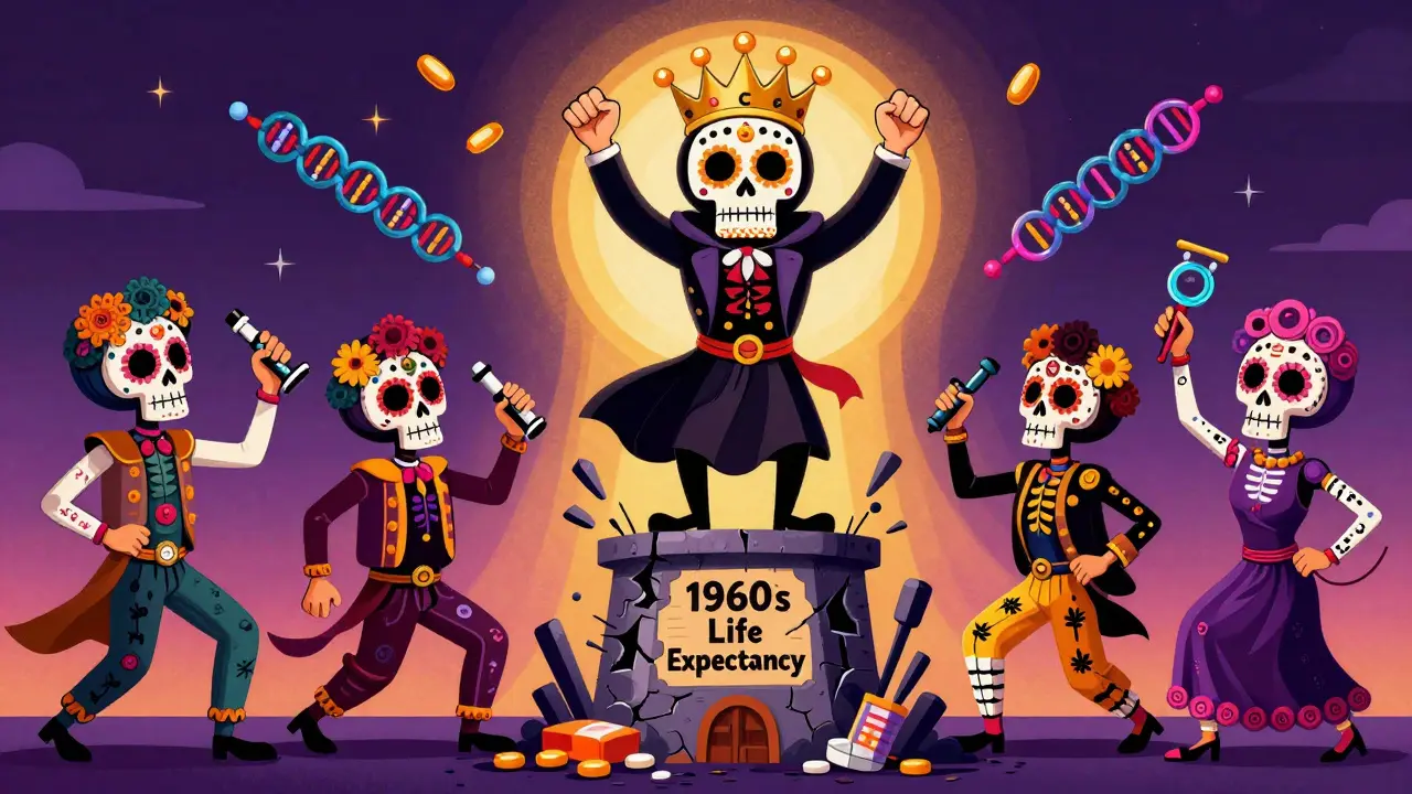 An adult with CF wearing a pill crown, standing on a crumbling tower as calavera figures celebrate with scientific tools.