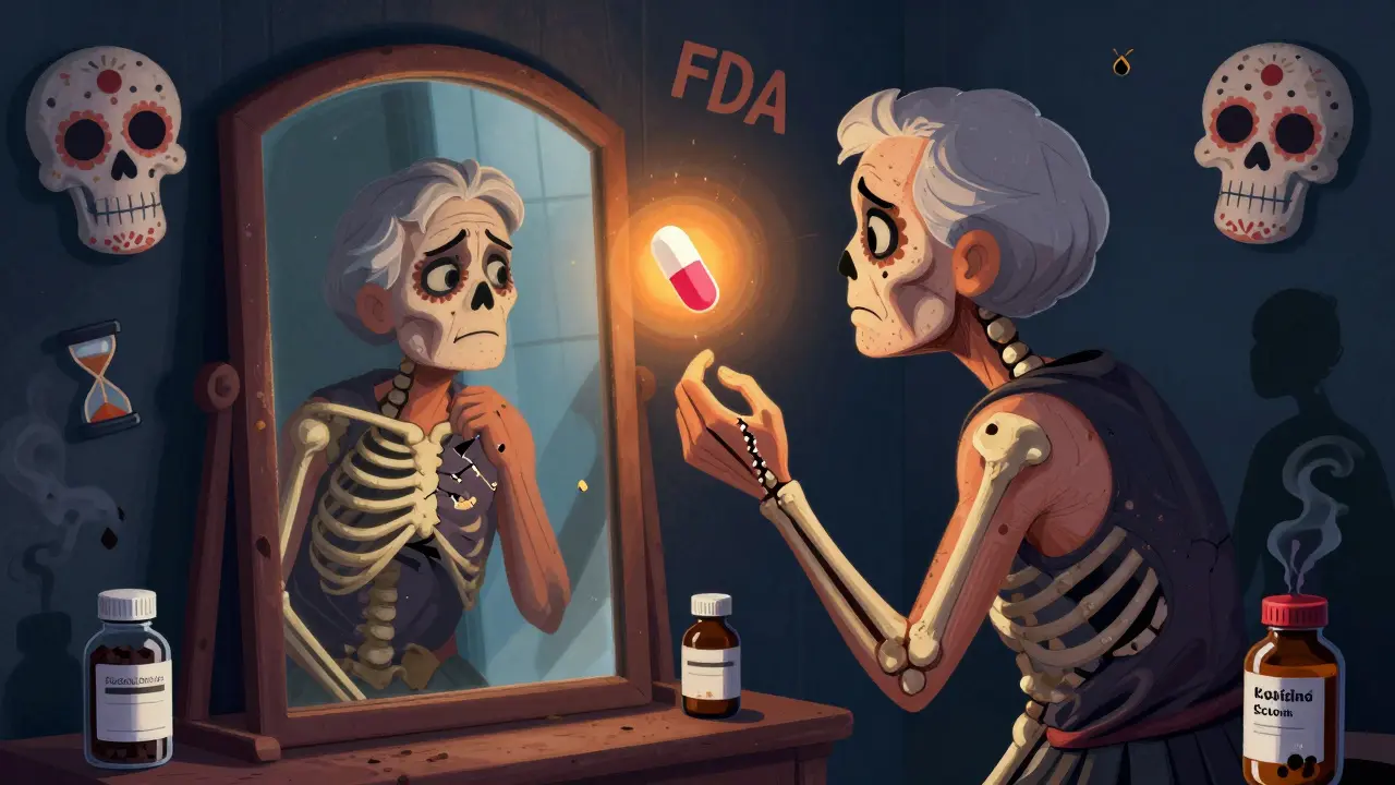 An elderly patient sees muscle and bone loss in a mirror, with an FDA-approved pill glowing beside a dark, leaking compounded bottle.