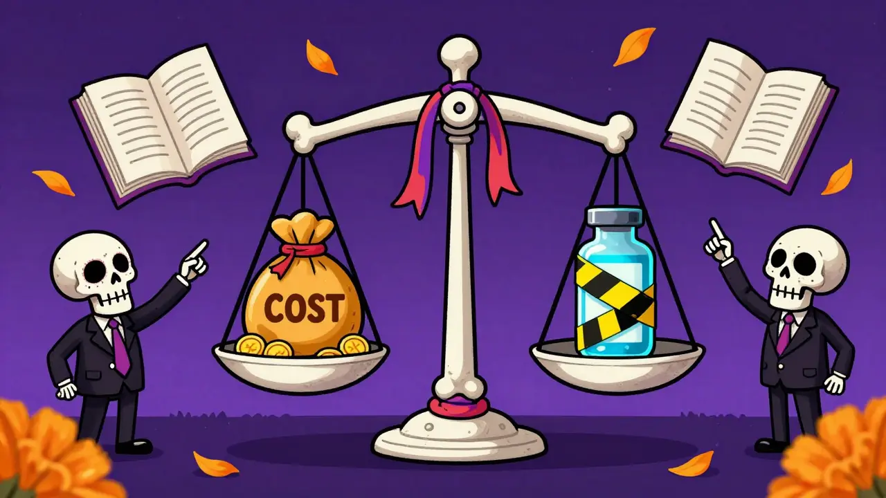 Bone scales weighing money against medicine with bureaucratic figures nearby.