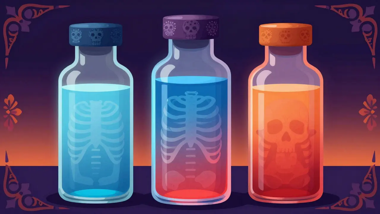 Glass medicine bottles with hidden skeletal shapes inside