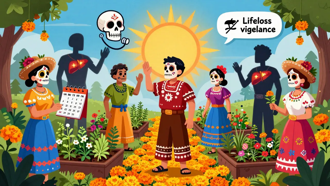 Post-transplant patients tending gardens with glowing liver amulets, under a rising sun, in Day of the Dead illustration style.