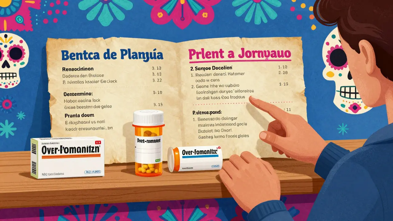 Prescription and OTC medicine labels being compared with decorative skull motifs
