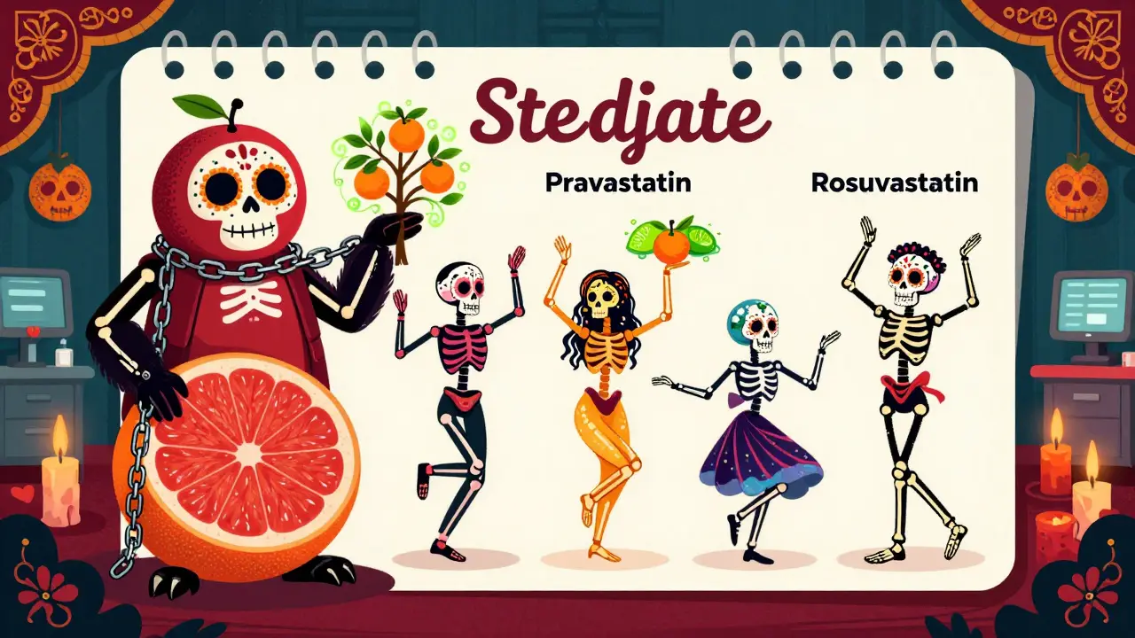 Six statin medications as skeletal dancers, two chained to a grapefruit monster, others free beside safe citrus trees in a vibrant Day of the Dead scene.