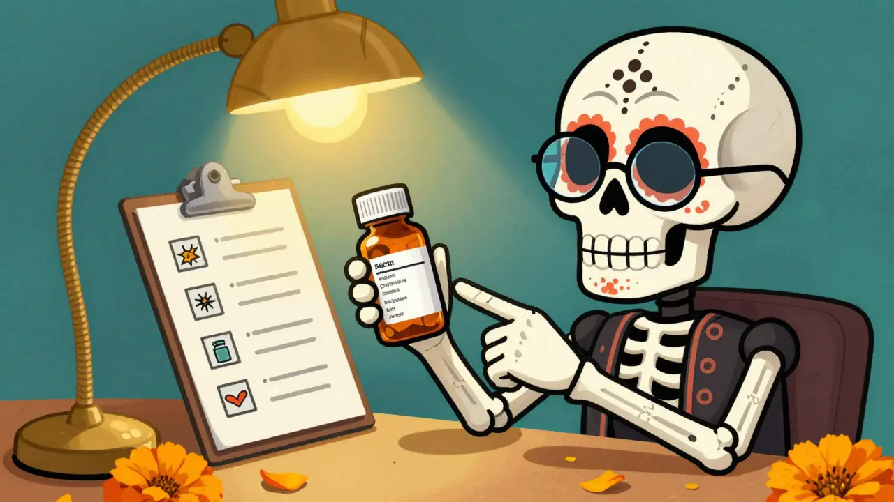 Skeleton examining medicine label carefully with clipboard