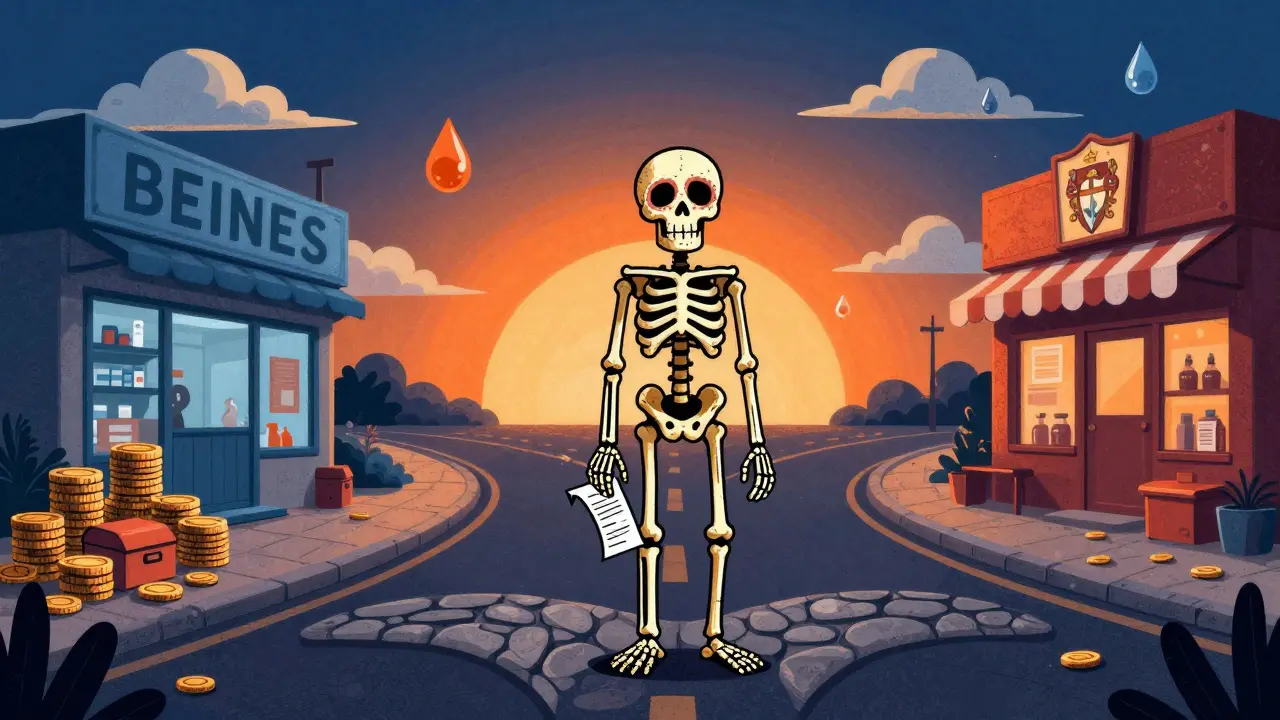 Skeleton patient at crossroads choosing between savings and branded path.