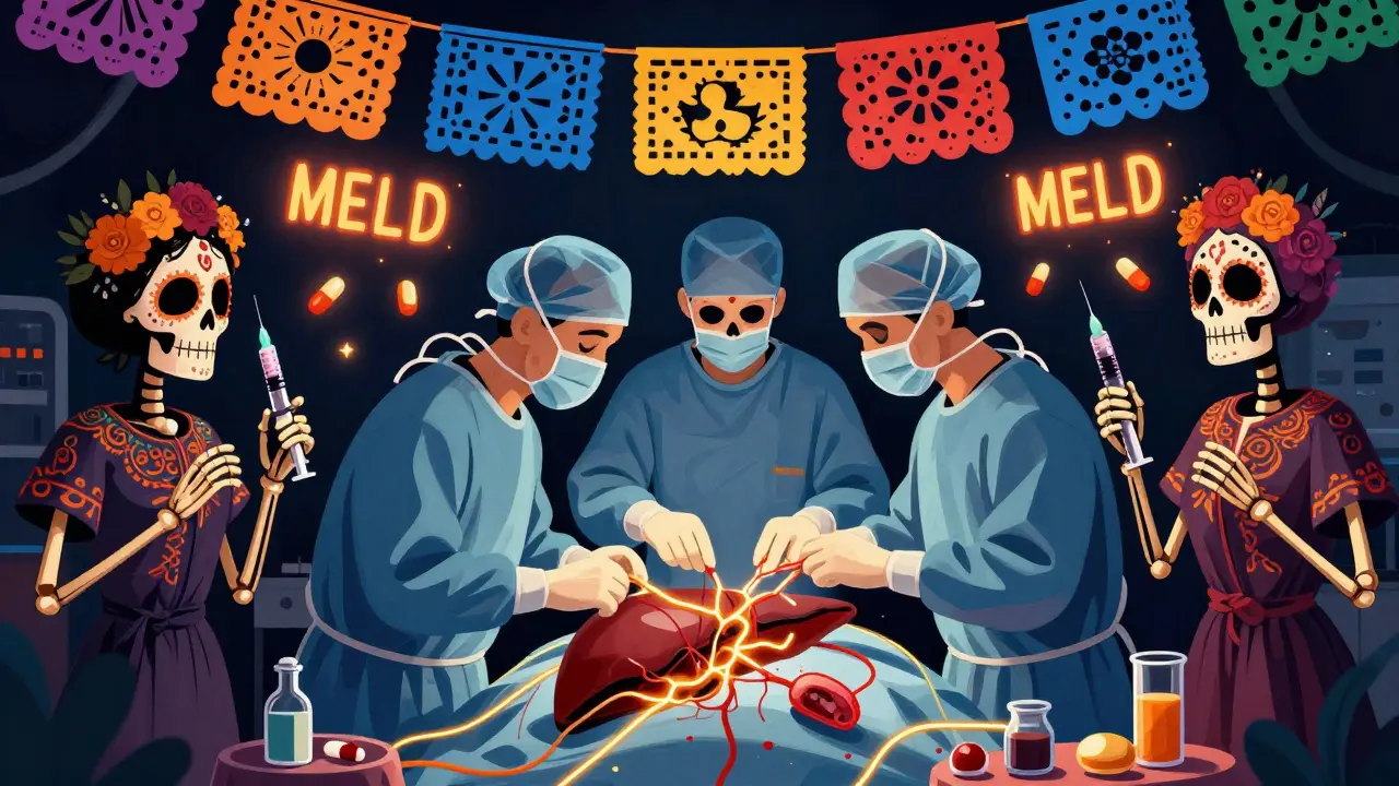 Skeleton surgeons performing a liver transplant with glowing golden vessels under papel picado, in Day of the Dead cartoon style.