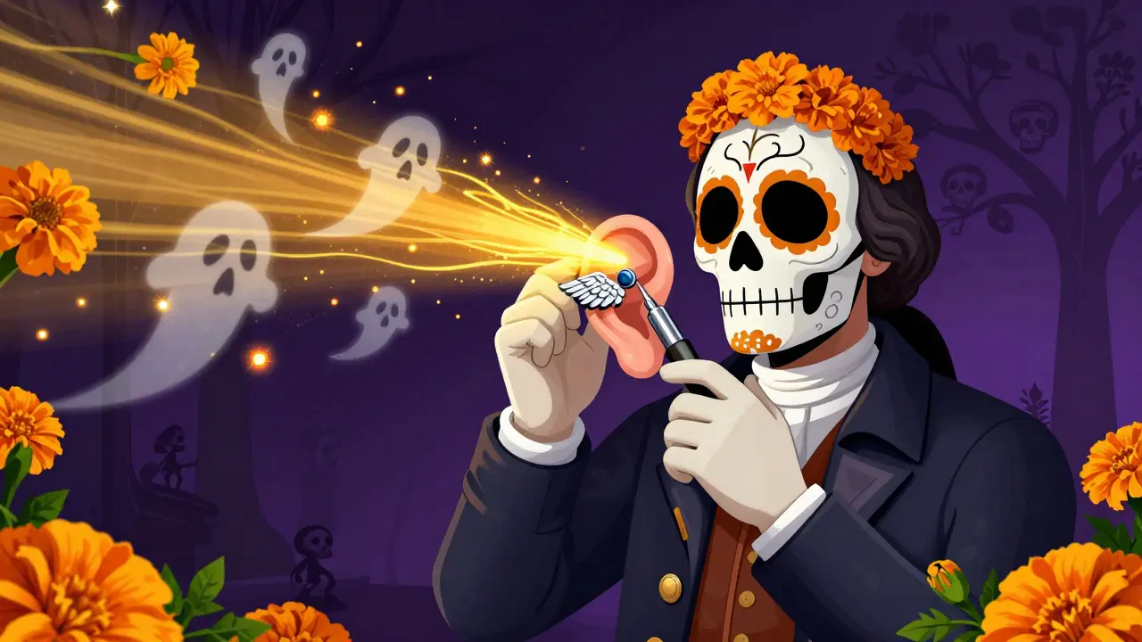 Surgeon inserting a skeletal angel-wing prosthesis into an ear, golden sound waves bursting into marigolds.