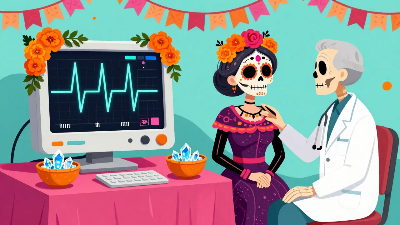 A Catrina patient and skeleton doctor at a medical monitor with floral ECG waves