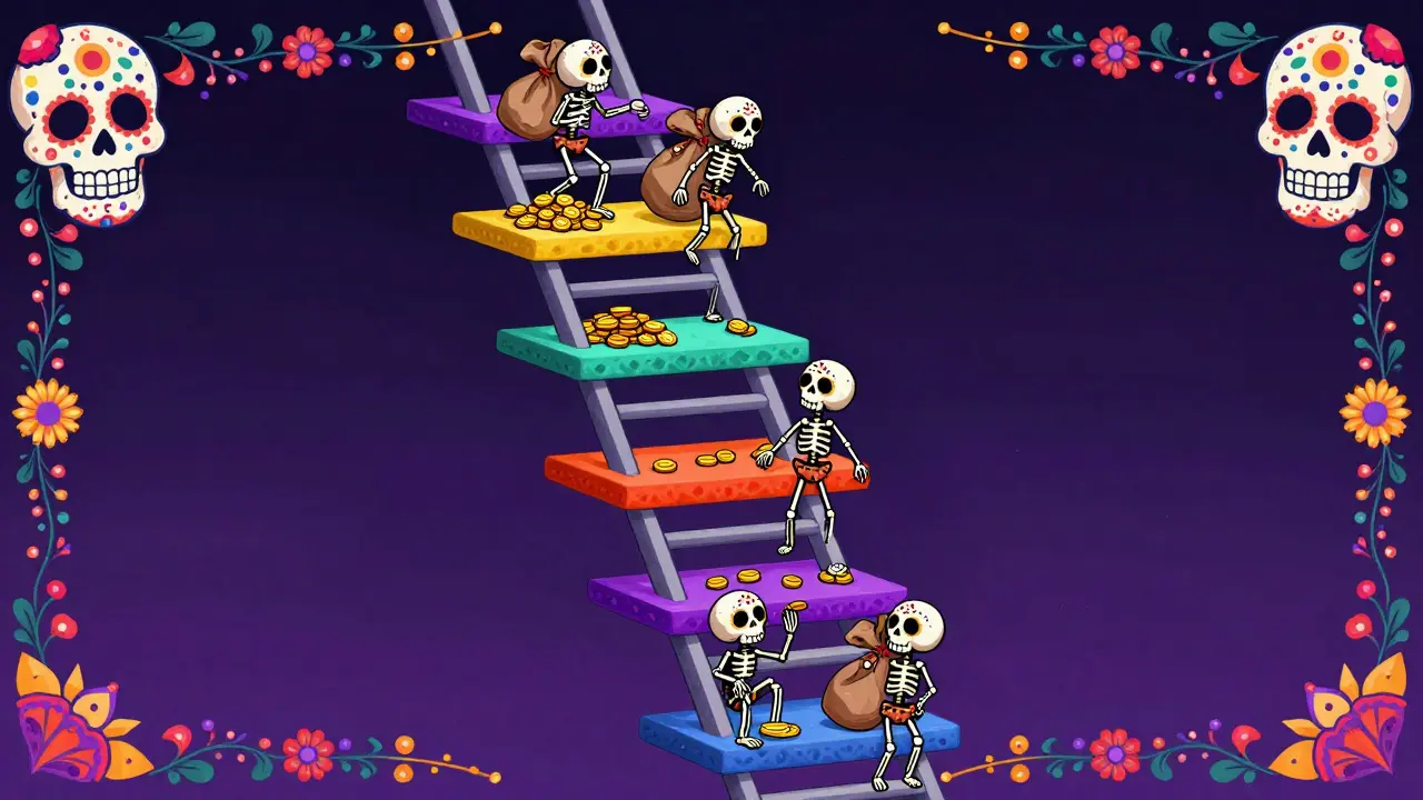 A tiered ladder showing different cost levels with skeleton figures