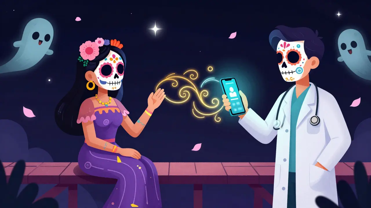 Calavera character using a smartphone for a telehealth consultation with a doctor.