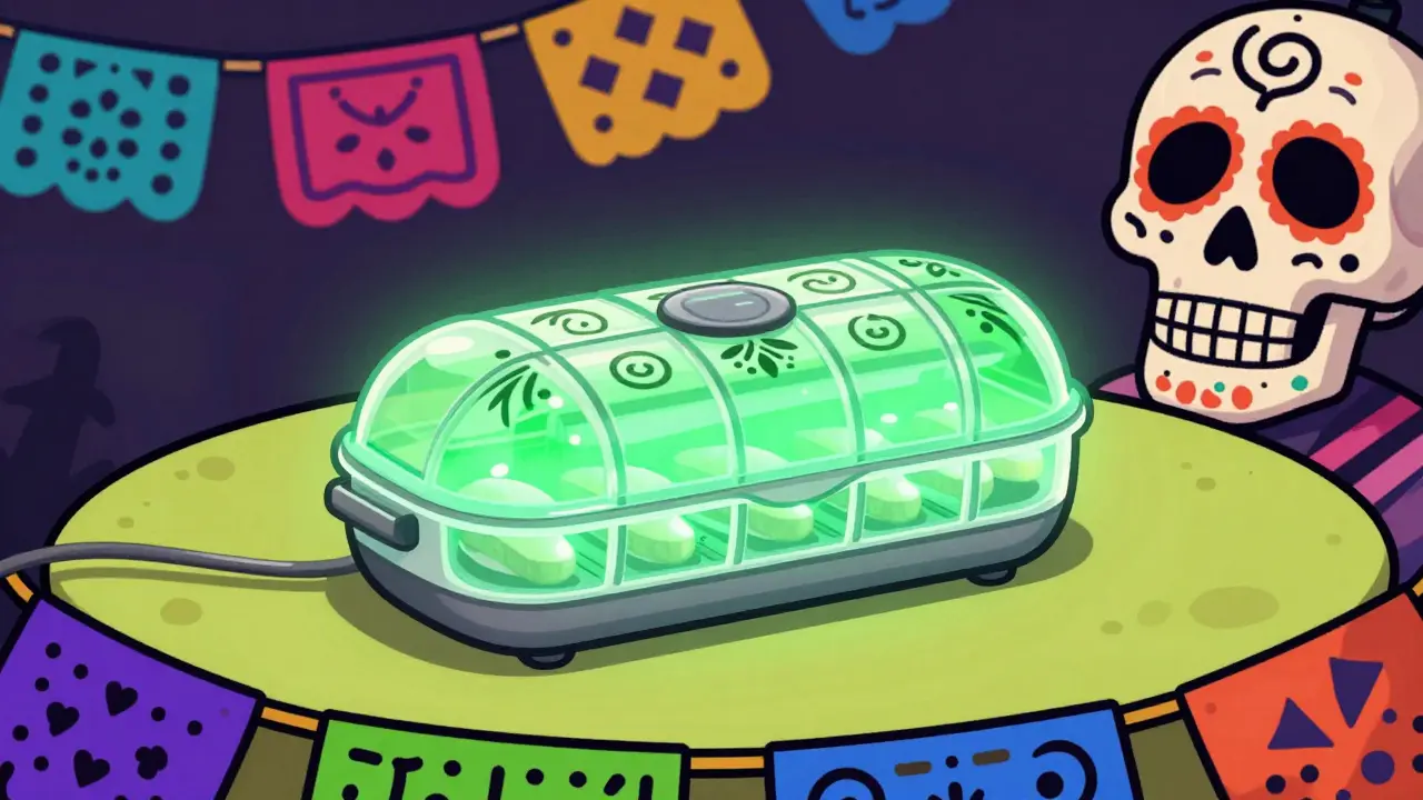 Decorative skull-themed smart pillbox with a green LED light and papel picado.