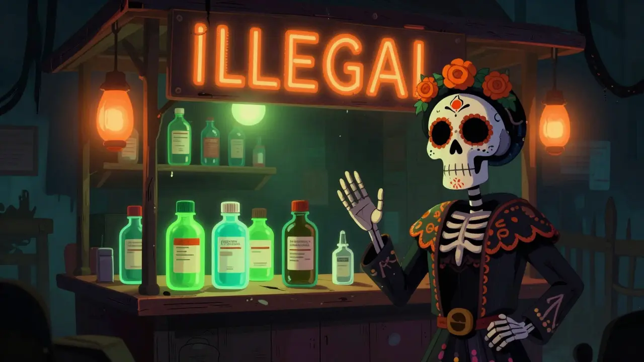 Eerie illegal pharmacy stall with glowing green bottles and a warning skeletal figure.