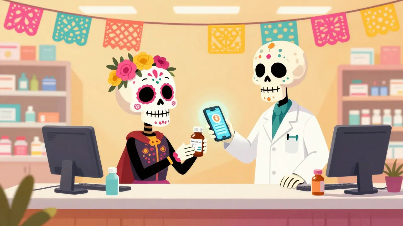 Skeletal character using a digital coupon at a festive pharmacy counter with papel picado banners.