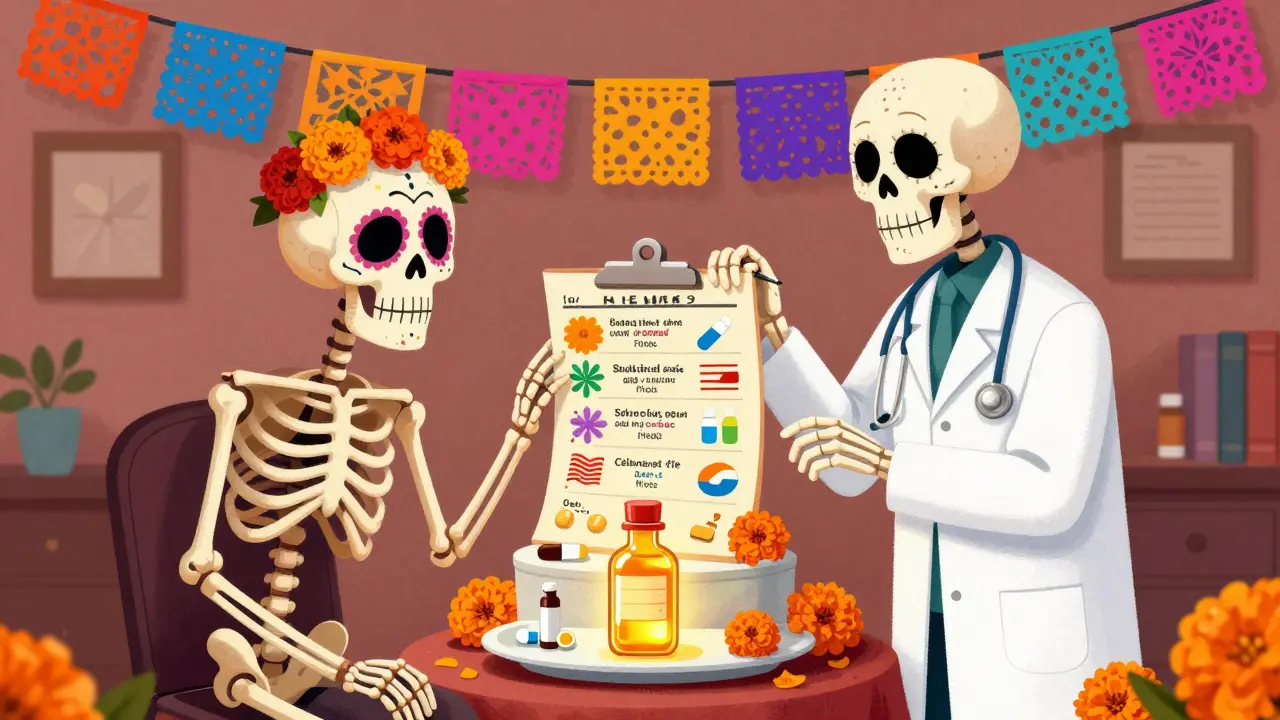 Skeleton doctor and patient reviewing a medical chart to find a cheaper drug