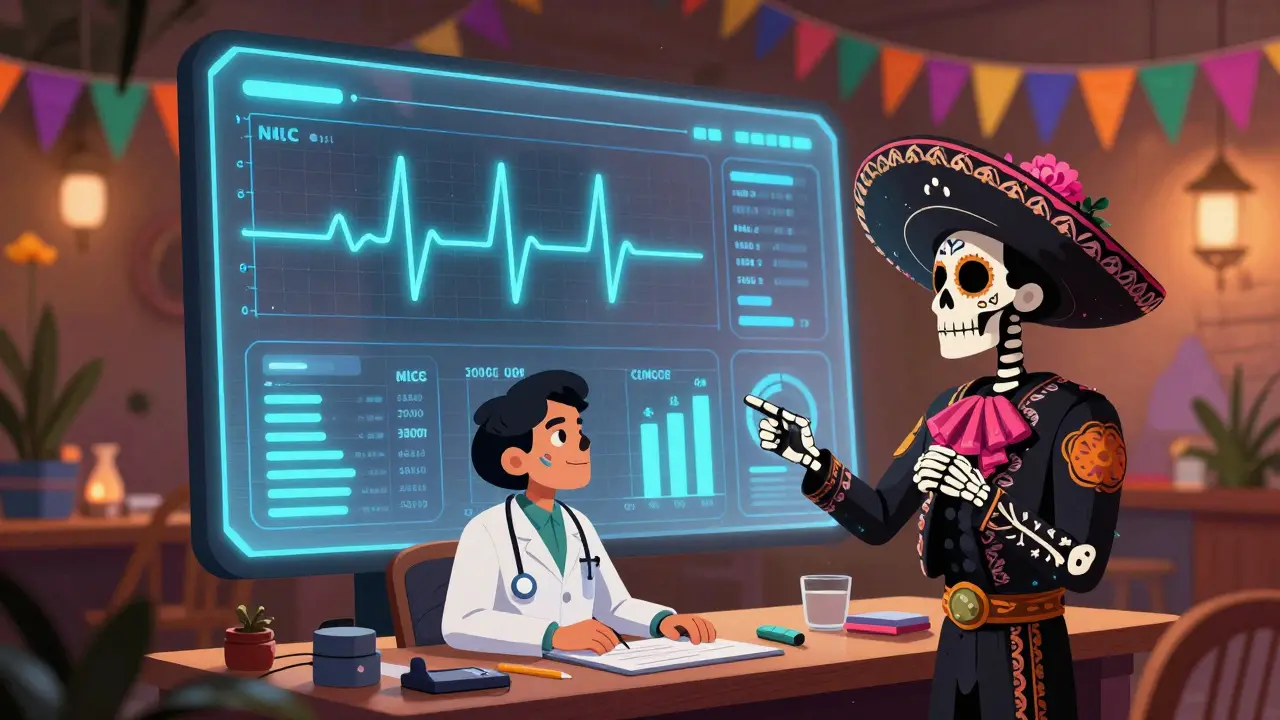 Skeleton doctor and patient reviewing digital health data in a festive setting.