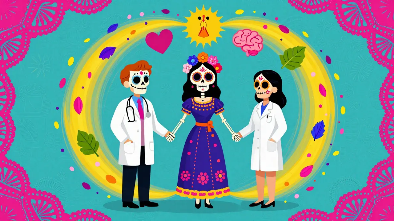 Three friendly skeleton professionals supporting a woman in a colorful Day of the Dead scene