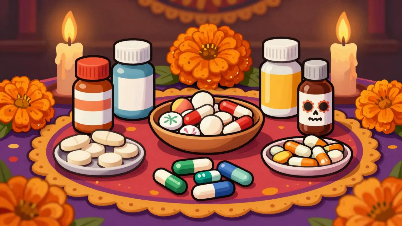 Various medication types displayed on a festive Day of the Dead altar with candles.