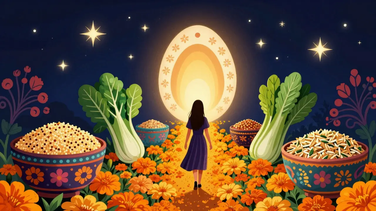 Woman walking a path of marigolds toward a fertility symbol in a festive folk-art style